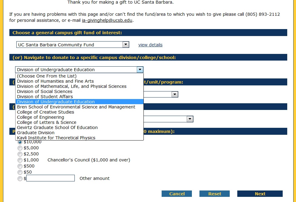 Donations Menu Selection Example for Undergraduate Education